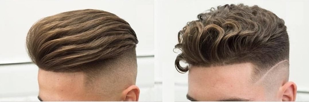 Wavy slick back and a curly fringe fade, shown from two angles