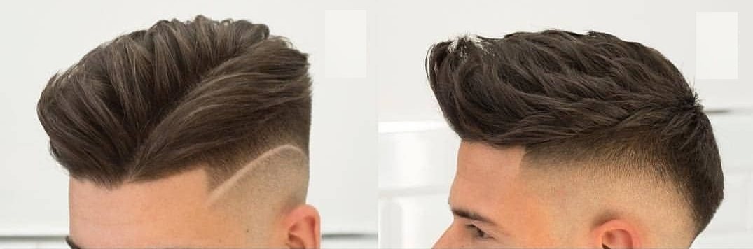Slicked back style with a hard part, shown from two angles